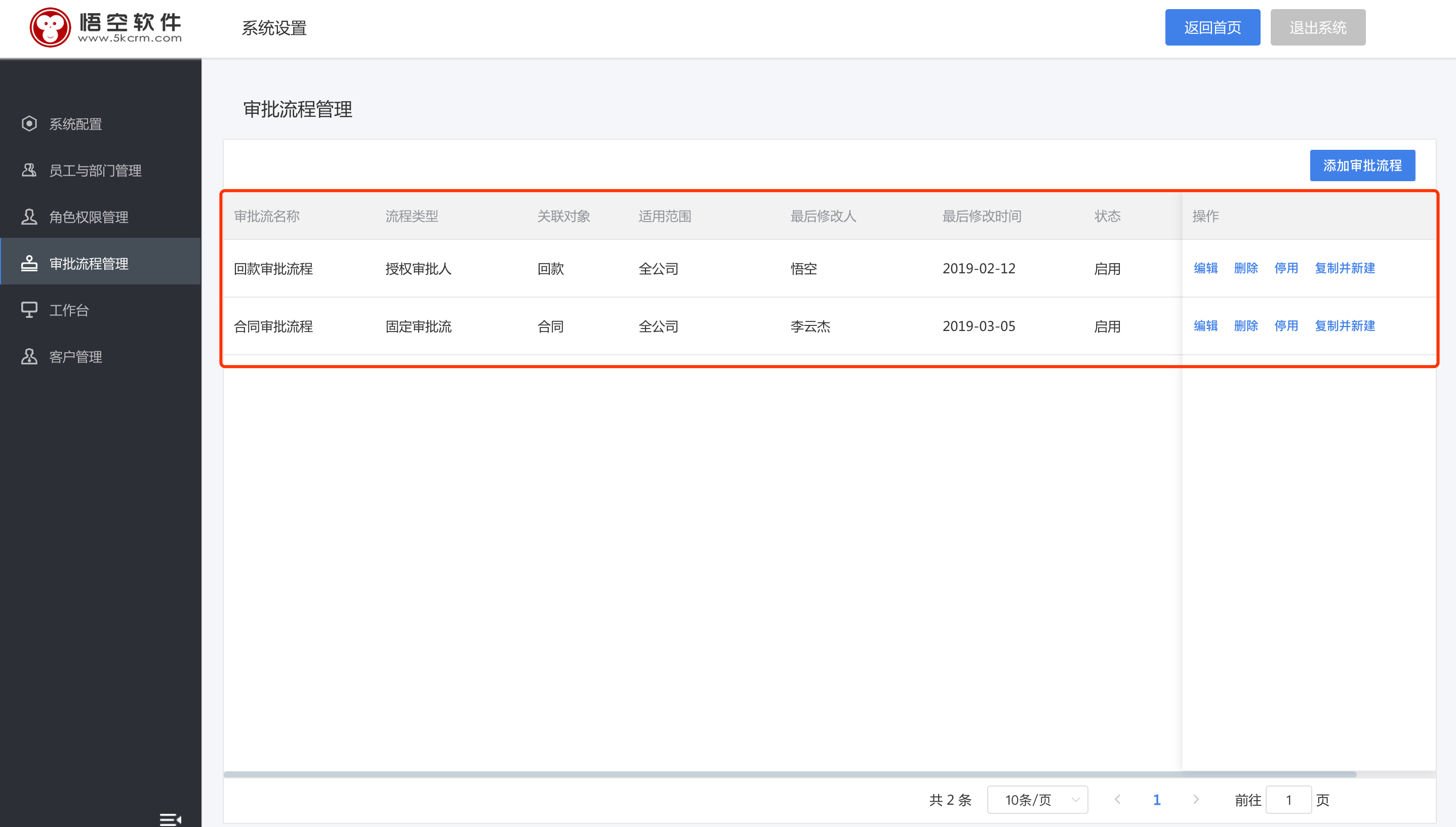 用戶可以添加多個合同或回款審批流,系統默認使用最新創建的審批流.