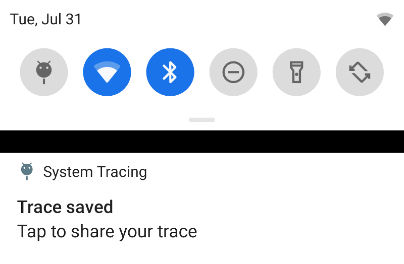 Notification with the message 'Trace saved. Tap to share your trace.'
