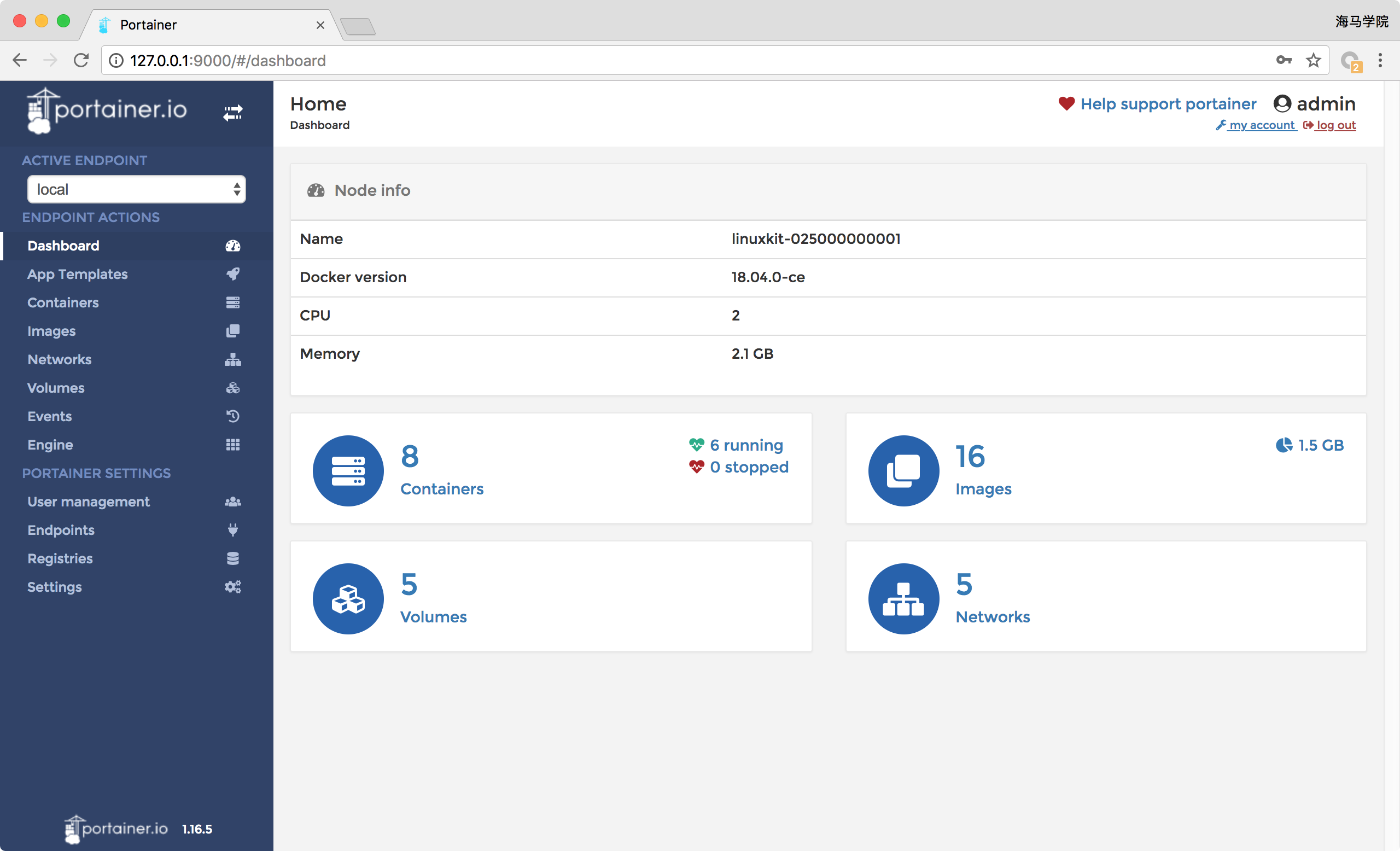 Info local. Docker engine with Portainer. Summary location.