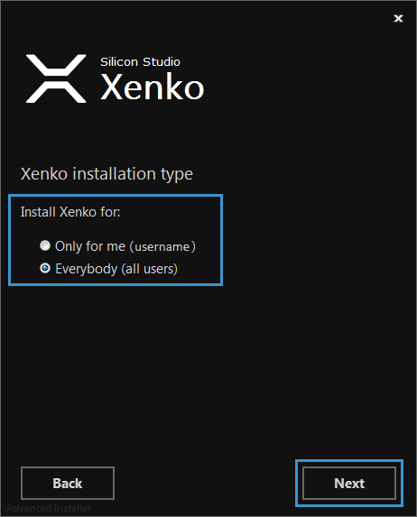 Xenko installation type window